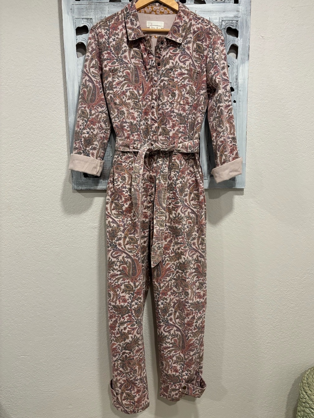 NEW Anthropologie Paisley Denim Utility Belted Jumpsuit Size S